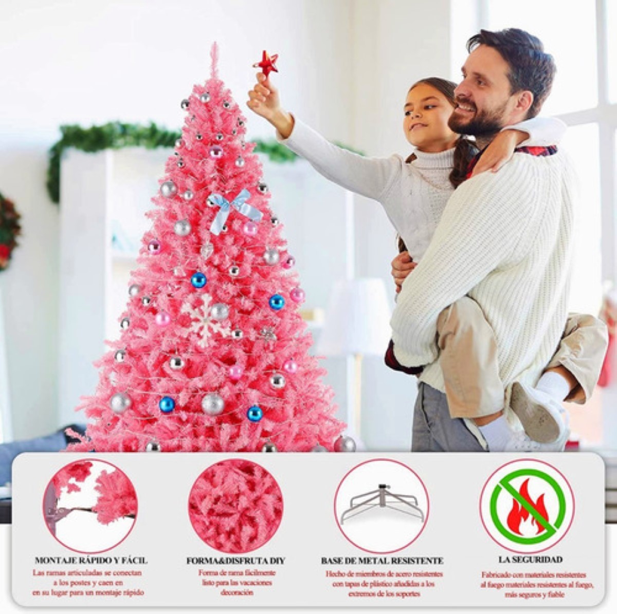Árbol De Navidad Artificial Pino Rosa Ramas Frondosas 1.95m rosa