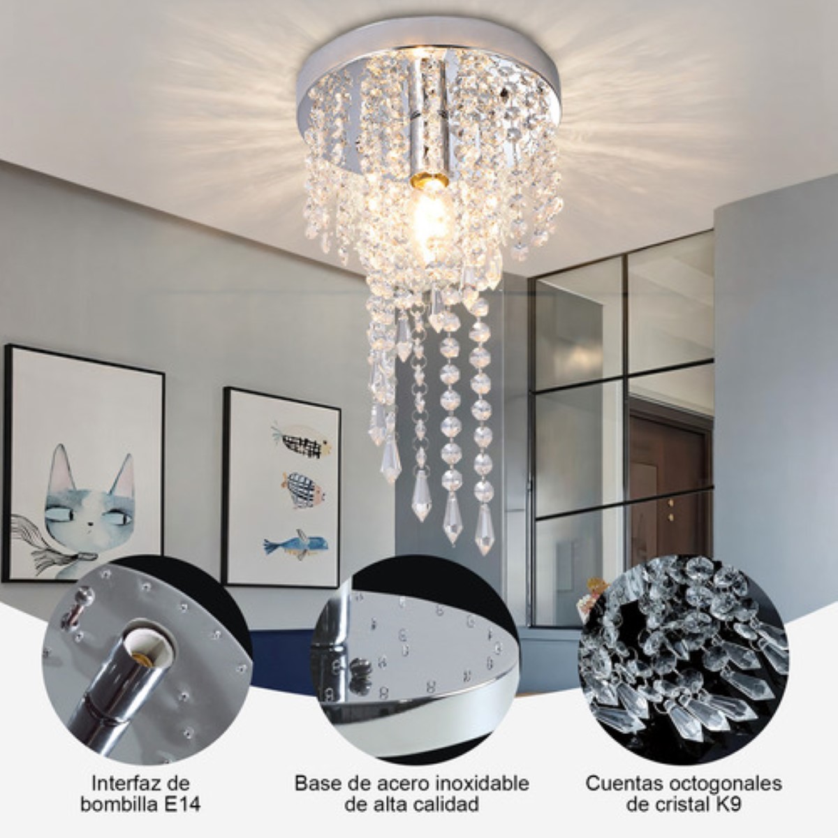 Lámpara de Techo Colgante Led Moderna Decorativa De Cristal Base Plata