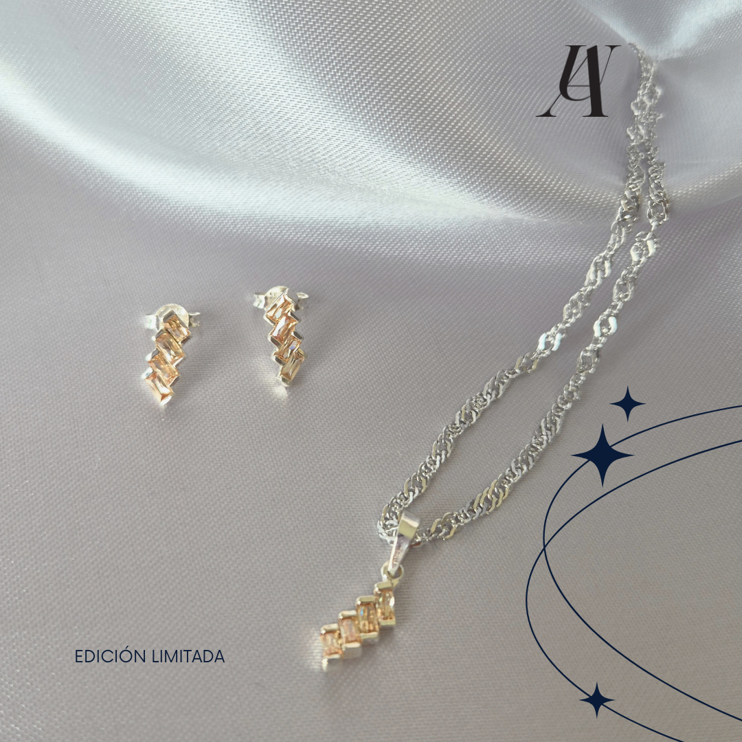 Juego de Collar con Aretes Circonias Rectangulares Plata. 925 Ambar