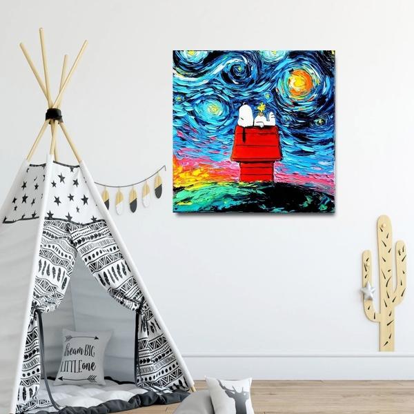 Cuadro Canvas Algodón Snoopy Charlie Brown Noche Estrellada