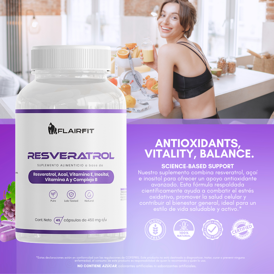 Suplemento En Cápsulas Flairfit Resveratrol, Formulación Premium Inositol, Complejo B, Vitamína C, Semilla Acaí En Pote 45 Cápsulas.