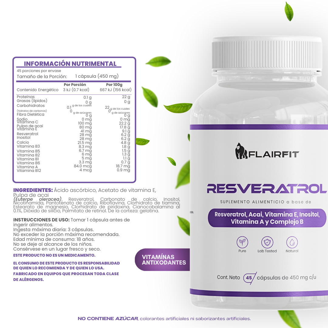 Suplemento En Cápsulas Flairfit Resveratrol, Formulación Premium Inositol, Complejo B, Vitamína C, Semilla Acaí En Pote 45 Cápsulas.