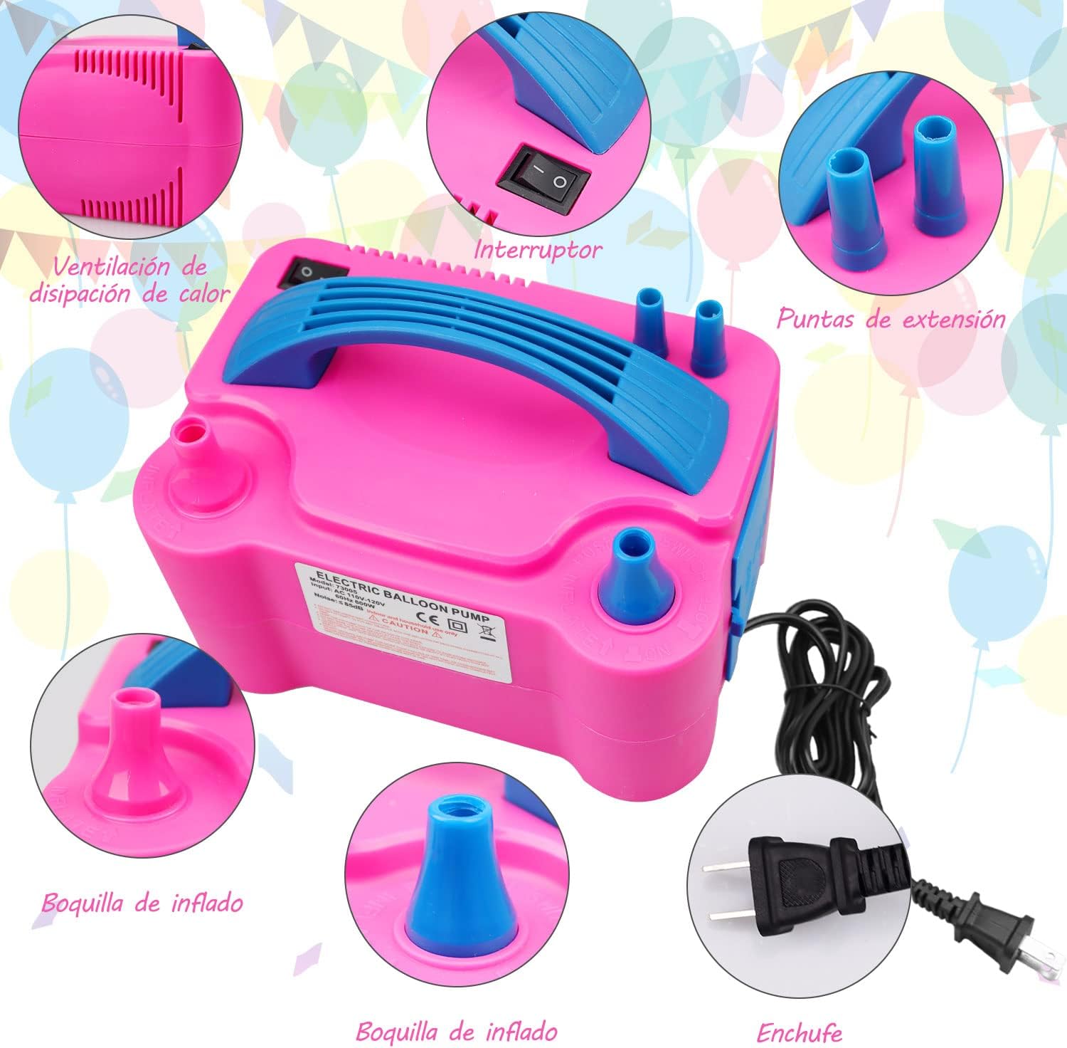 Bomba para Inflar Globos, con Doble Boquilla, Inflador de Globos Eléctrico, Soplador de Globos, Juego de Maquina Globos Potátil, para Decoración de Fiesta/Cumpleaños/Boda/Navidad