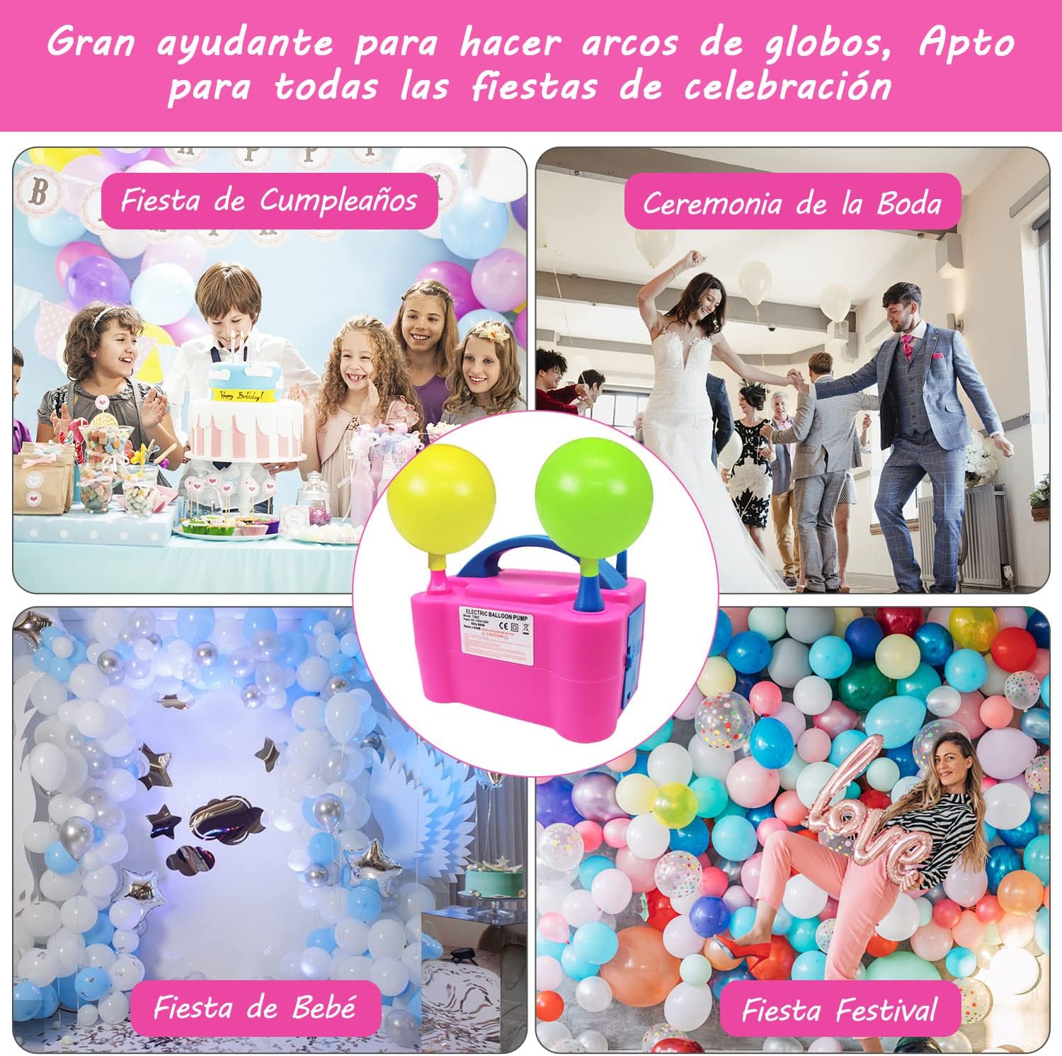 Bomba para Inflar Globos, con Doble Boquilla, Inflador de Globos Eléctrico, Soplador de Globos, Juego de Maquina Globos Potátil, para Decoración de Fiesta/Cumpleaños/Boda/Navidad