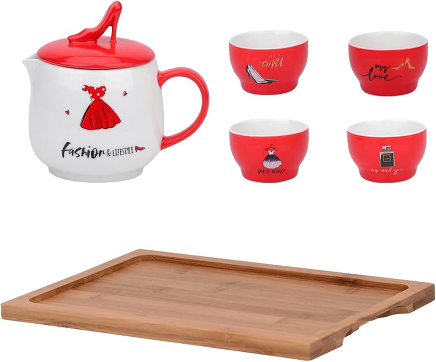 Juego de té de cerámica de corazón lindo con vaso de té y bandeja, juego de agua de cerámica de dibujos animados con una olla y cuatro tazas. 