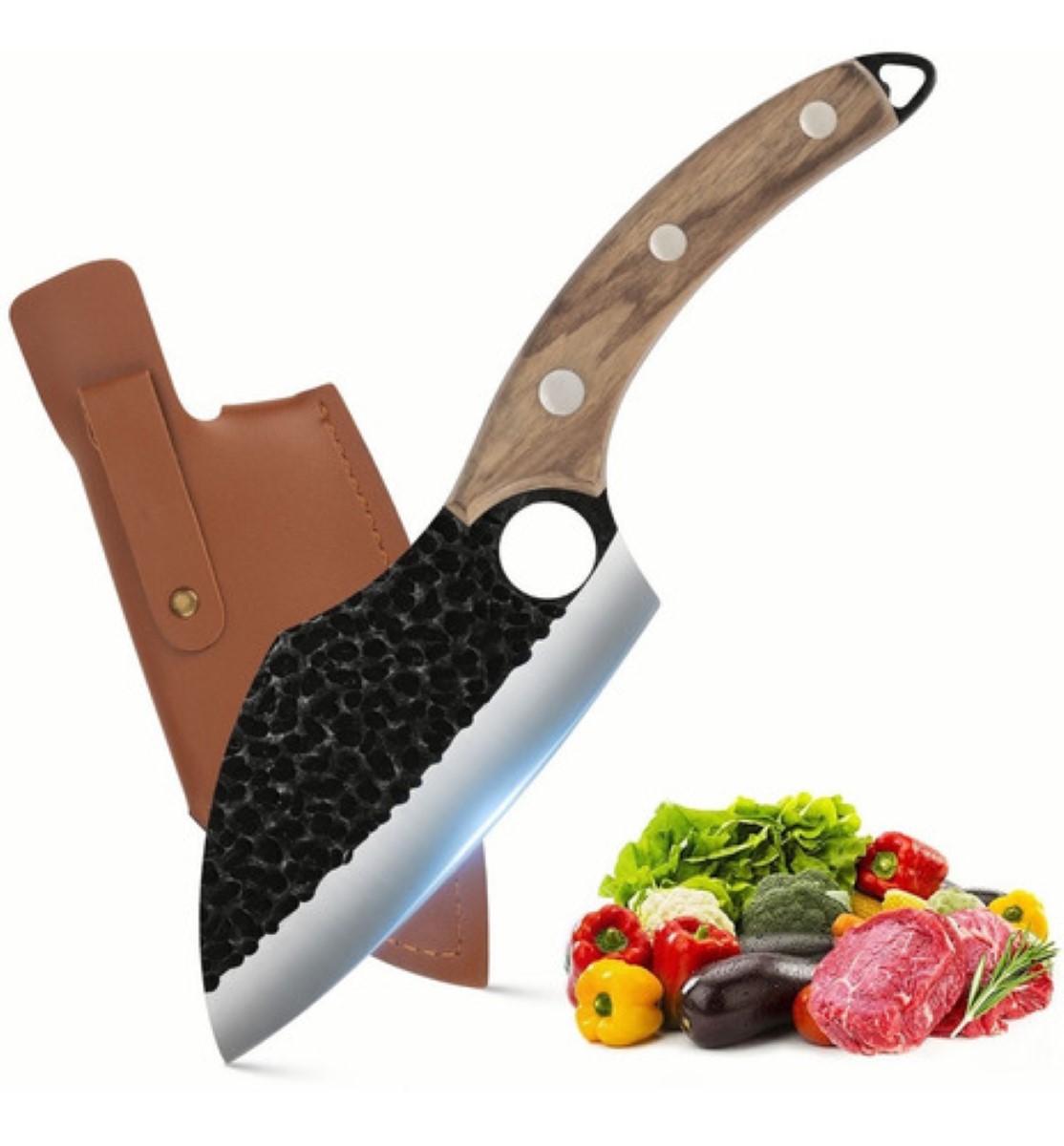 Cuchillo Chef De Cocina Forjado A Mano Con Funda De Cuero Negro Carbón