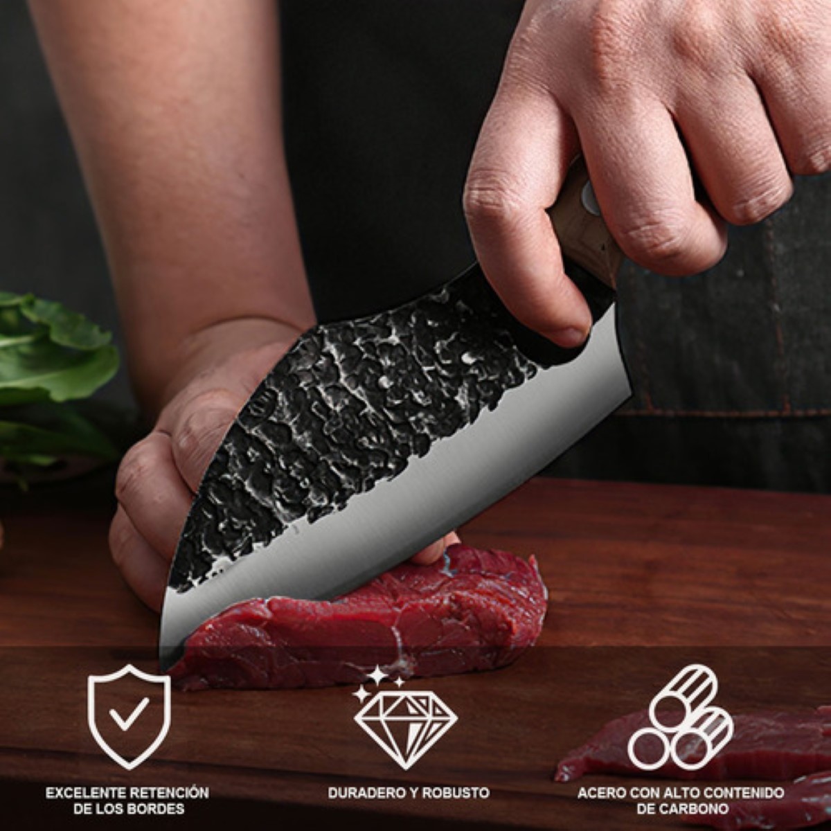 Cuchillo Chef De Cocina Forjado A Mano Con Funda De Cuero Negro Carbón