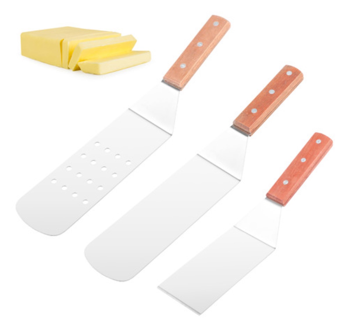 3pcs Espátula Volteadora Cocina Plancha Acero Inoxidable Plateado Y Marrón