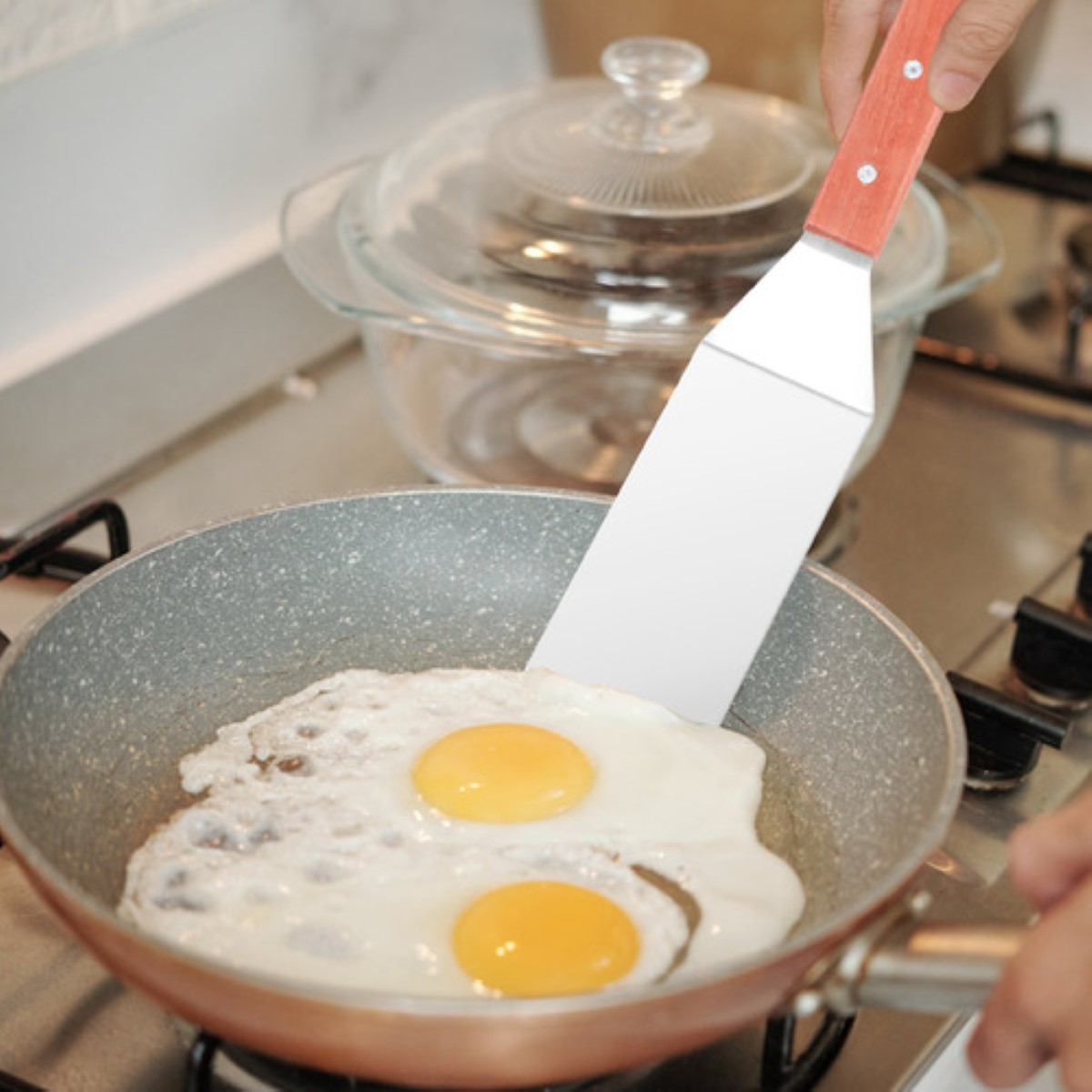 3pcs Espátula Volteadora Cocina Plancha Acero Inoxidable Plateado Y Marrón