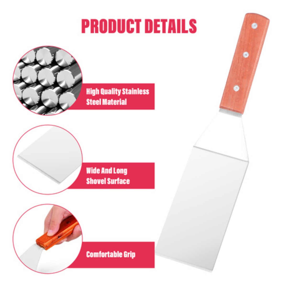 3pcs Espátula Volteadora Cocina Plancha Acero Inoxidable Plateado Y Marrón