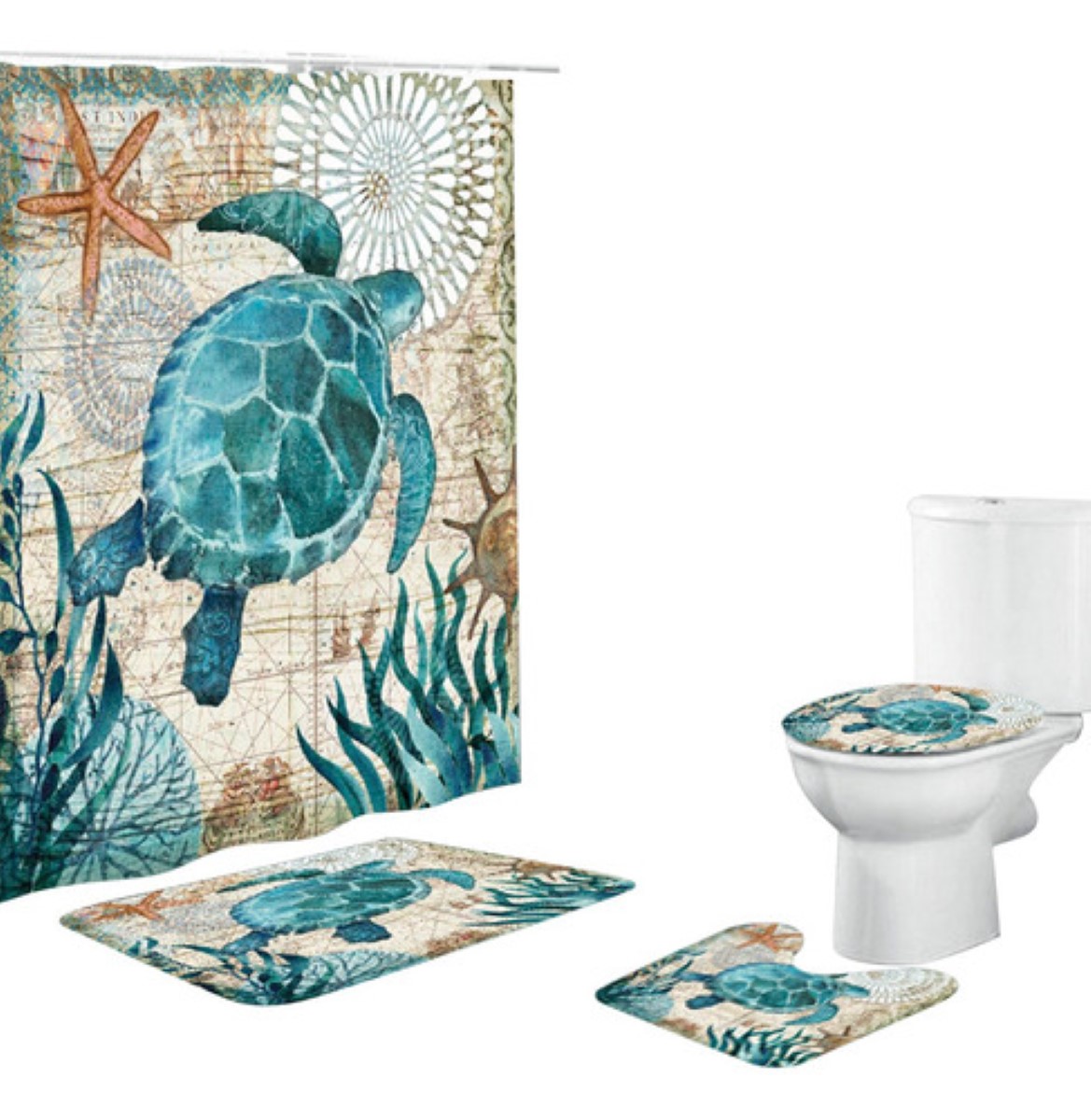 1 Cortina De Baño Poliéster Impermeable Y 3 Alfombrilla Baño Estilo 4 totrtuga azul