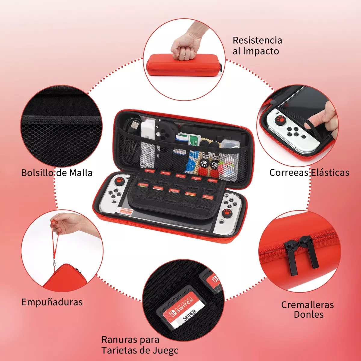Kit De 35 Accesorios Funda Para Nintendo Switch Oled Estuche Rojo