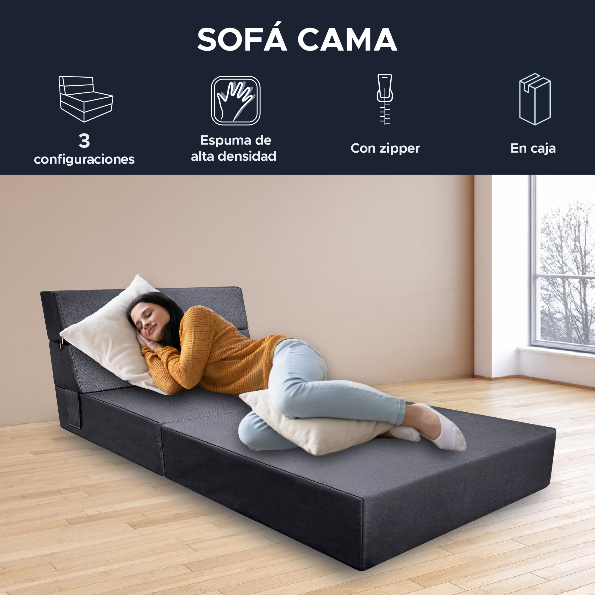 Sofá Cama Individual 3 En 1 Sky Care Color Negro