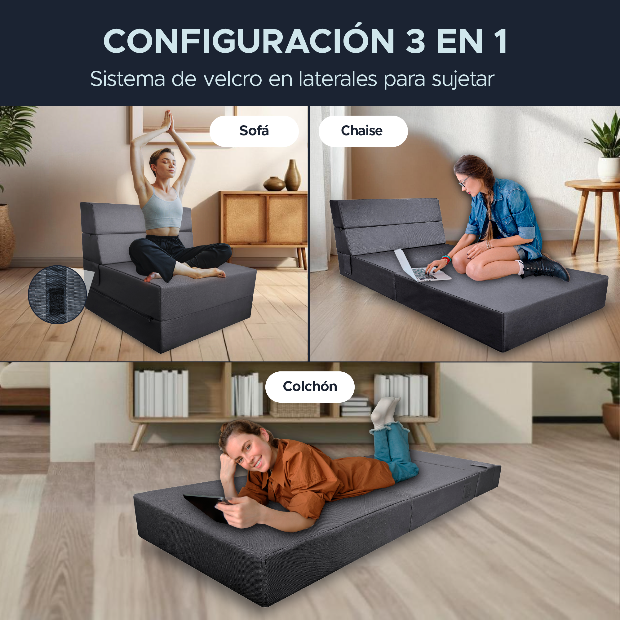 Sofá Cama Individual 3 En 1 Sky Care Color Negro