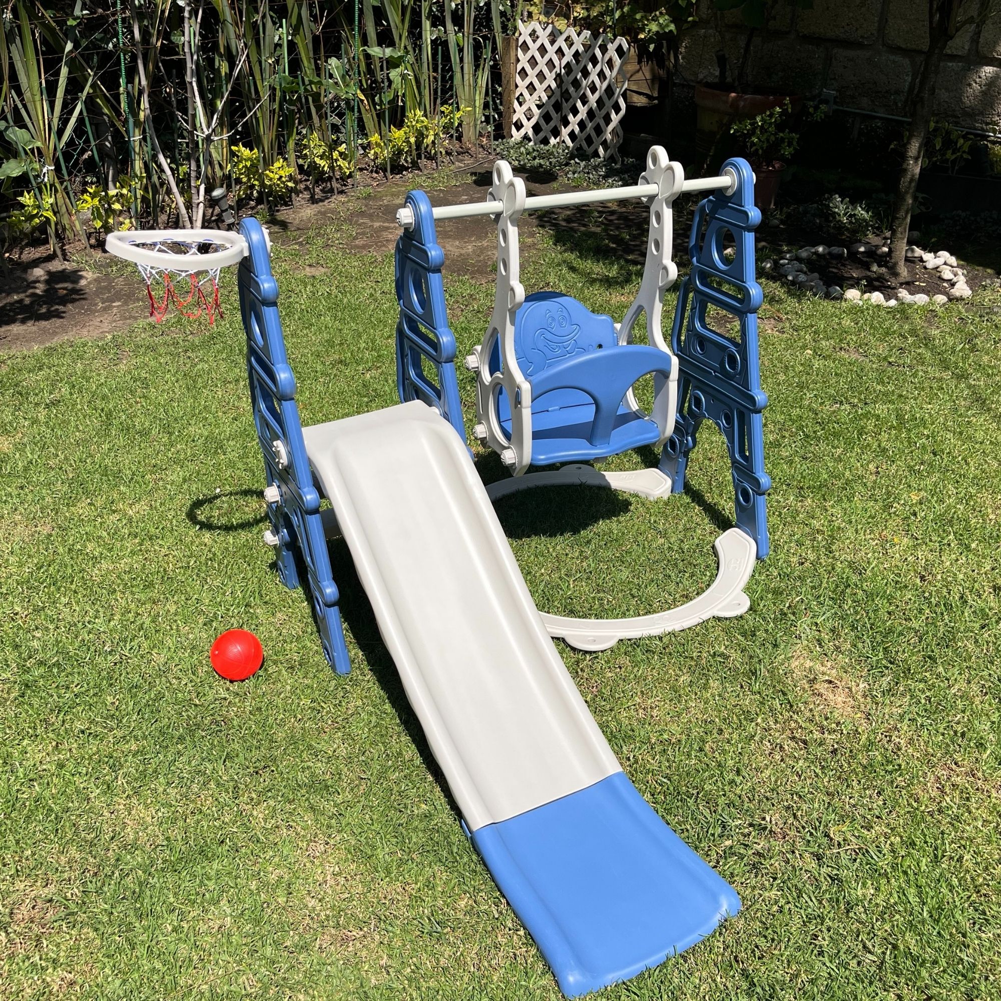 Resbaladilla Infantil con Tobogán Columpio para Bebe Con Canasta De Baloncesto Color Azul- Segos