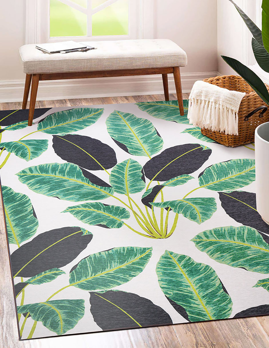 Tapete Alfombra Decorativo Lavable Hojas de Selva Tropical Esmeralda - Fine Art Tj