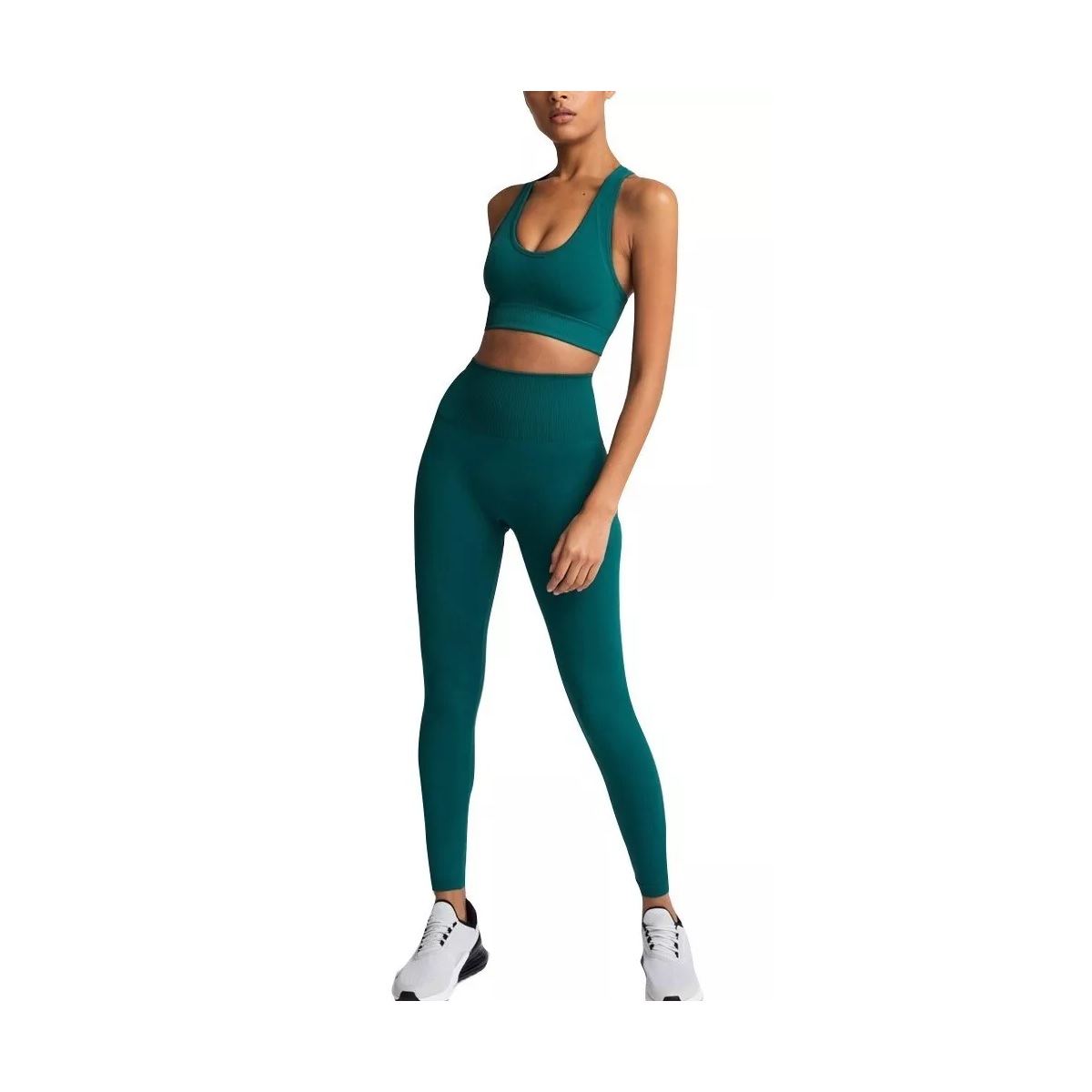 Leggins Levanta Gluteos + Bra Conjunto Licra Deportivo Mujer Verde Oscuro Talla M