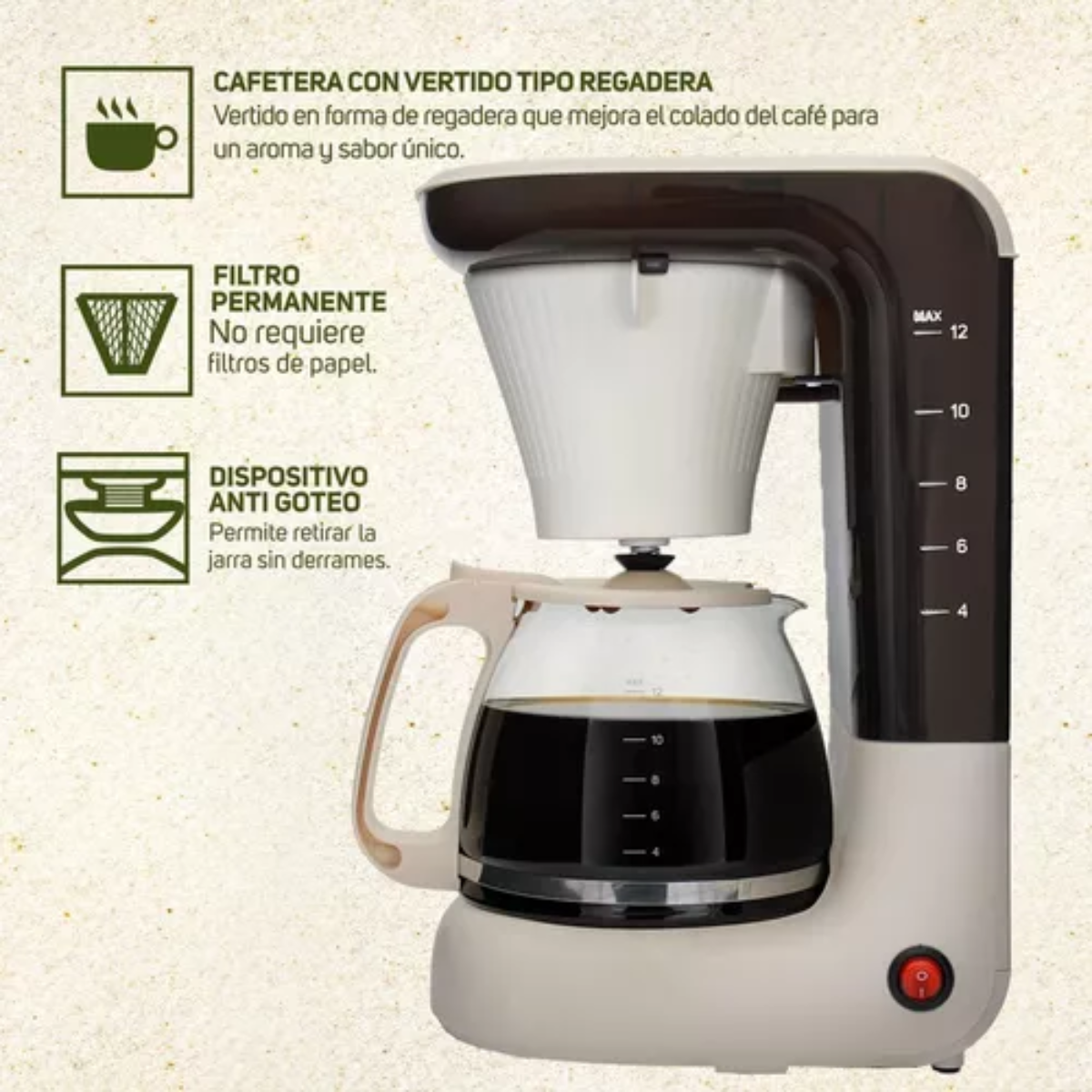  Cafetera Taurus Velvet ECO Con Filtro Lavable, Antigoteo, Para 12 Tazas, Beige