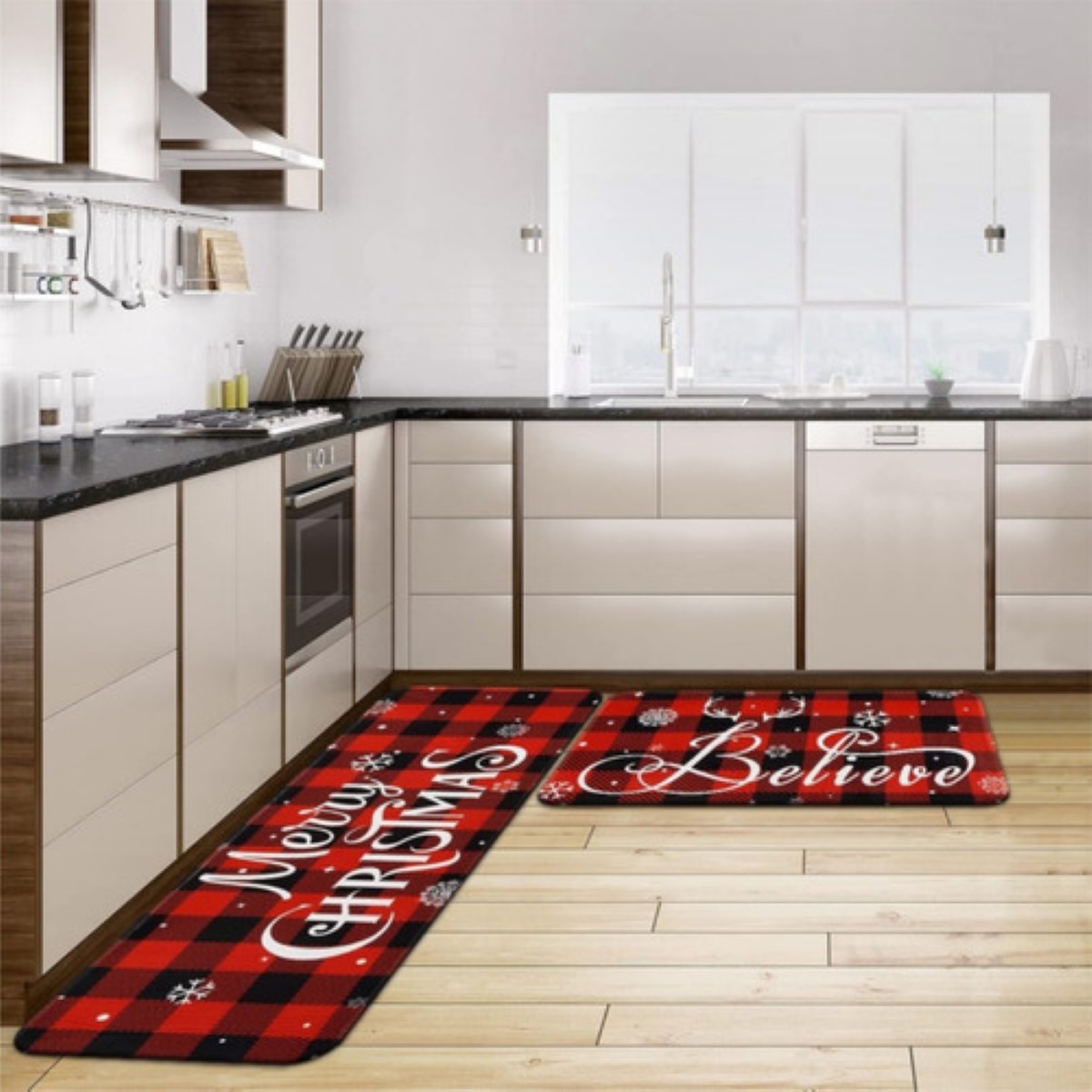Juego 2 Alfombras Tapetes Cocina Entrada Navidad Decoracion :Feliz navidad rojo negro cuadros 