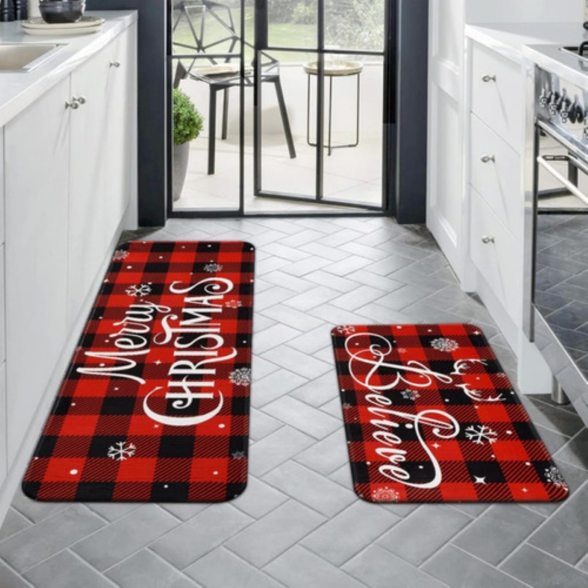 Juego 2 Alfombras Tapetes Cocina Entrada Navidad Decoracion :Feliz navidad rojo negro cuadros 