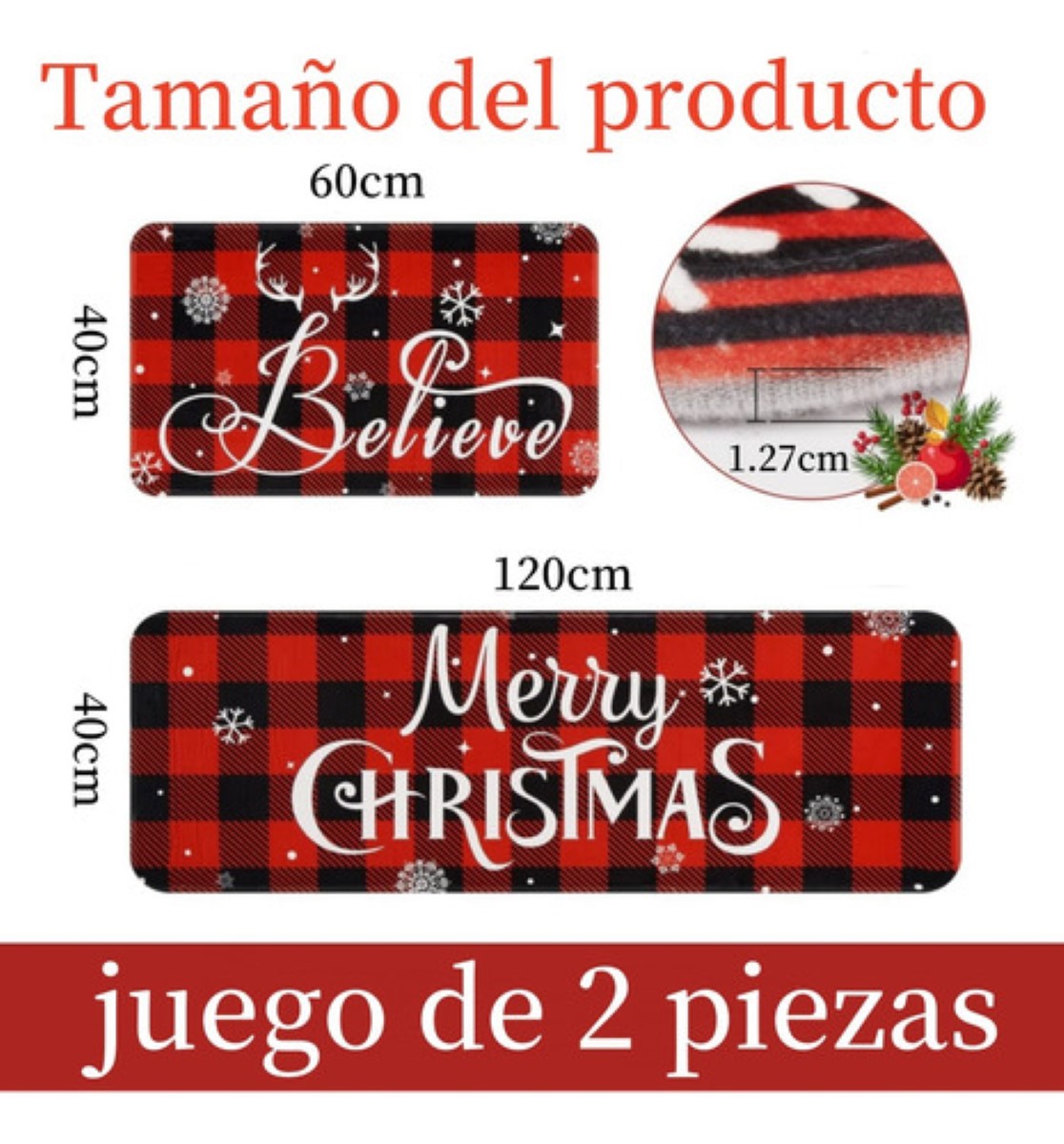 Juego 2 Alfombras Tapetes Cocina Entrada Navidad Decoracion :Feliz navidad rojo negro cuadros 