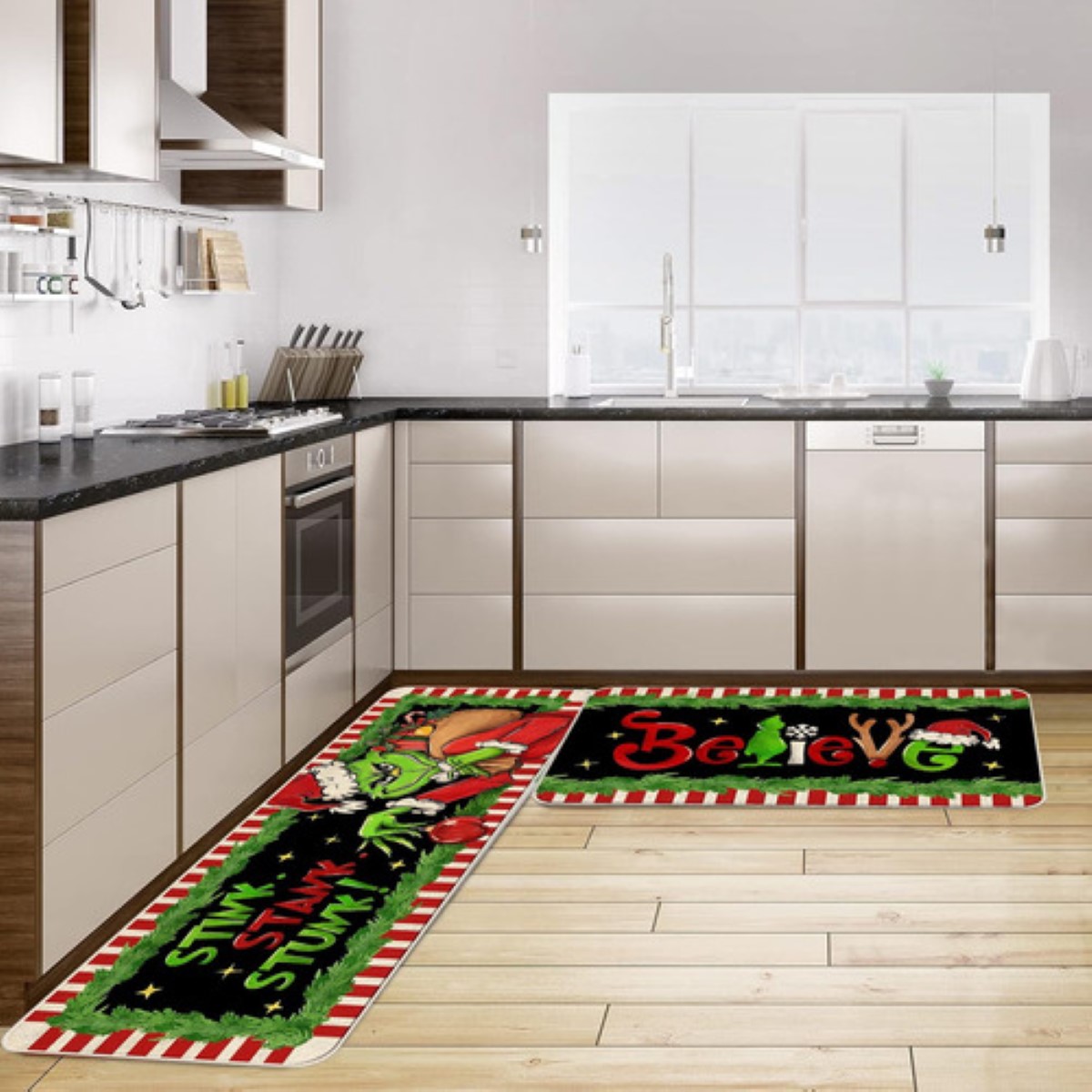 Juego 2 Alfombras Tapetes Cocina Entrada Navidad Decoracion negro grinch