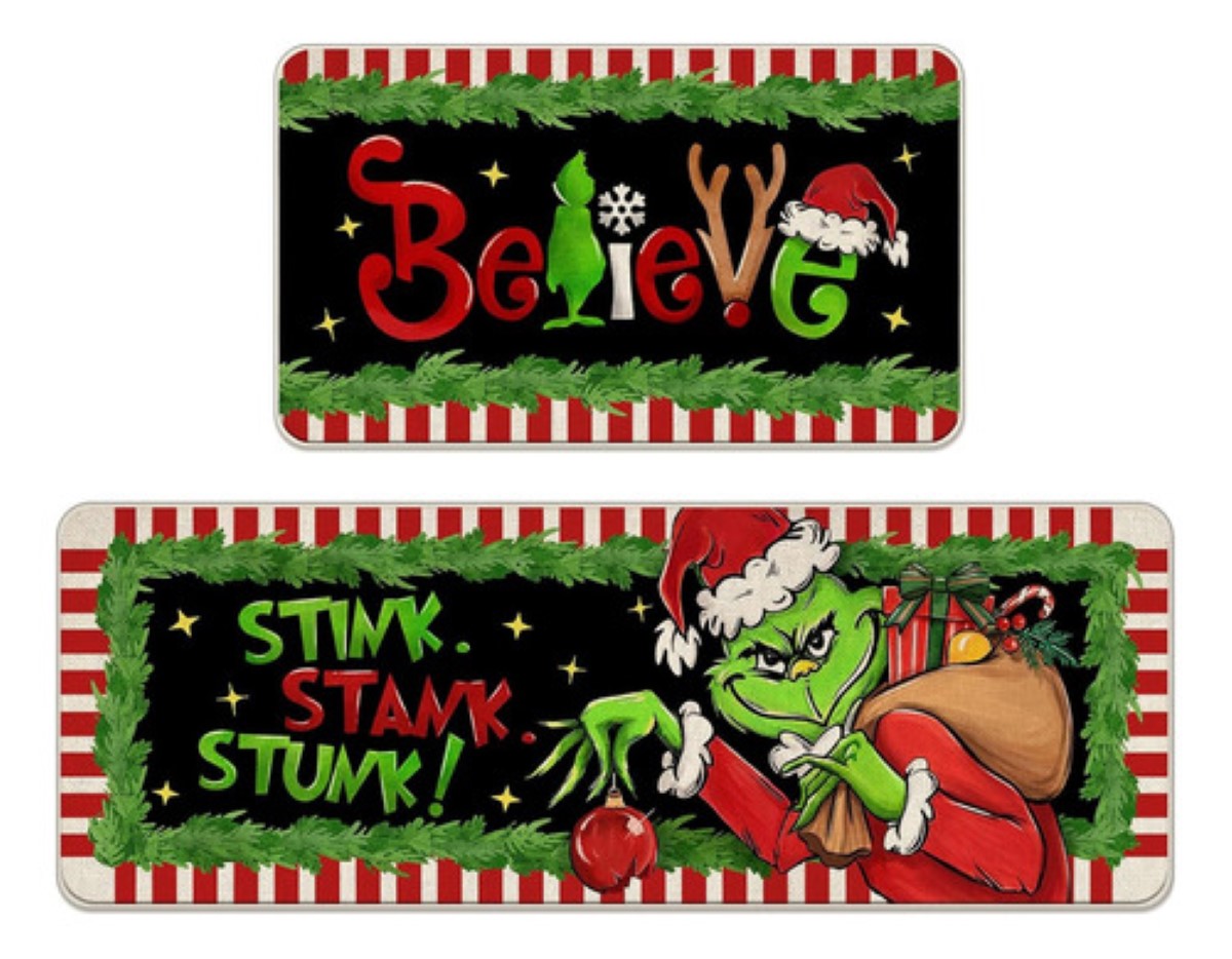 Juego 2 Alfombras Tapetes Cocina Entrada Navidad Decoracion negro grinch