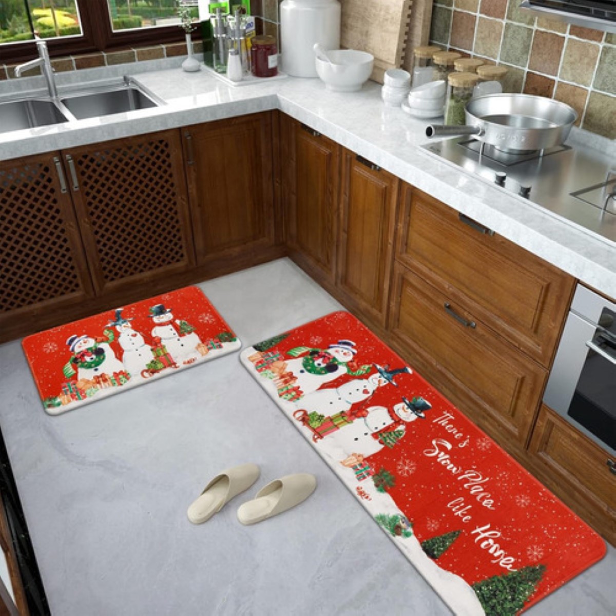 Juego 2 Alfombras Tapetes Cocina Entrada Navidad Rojo 3MUÑECOS DE NIEVE