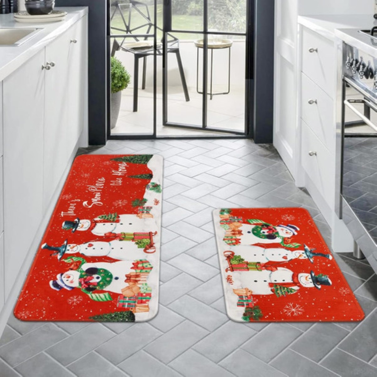 Juego 2 Alfombras Tapetes Cocina Entrada Navidad Rojo 3MUÑECOS DE NIEVE