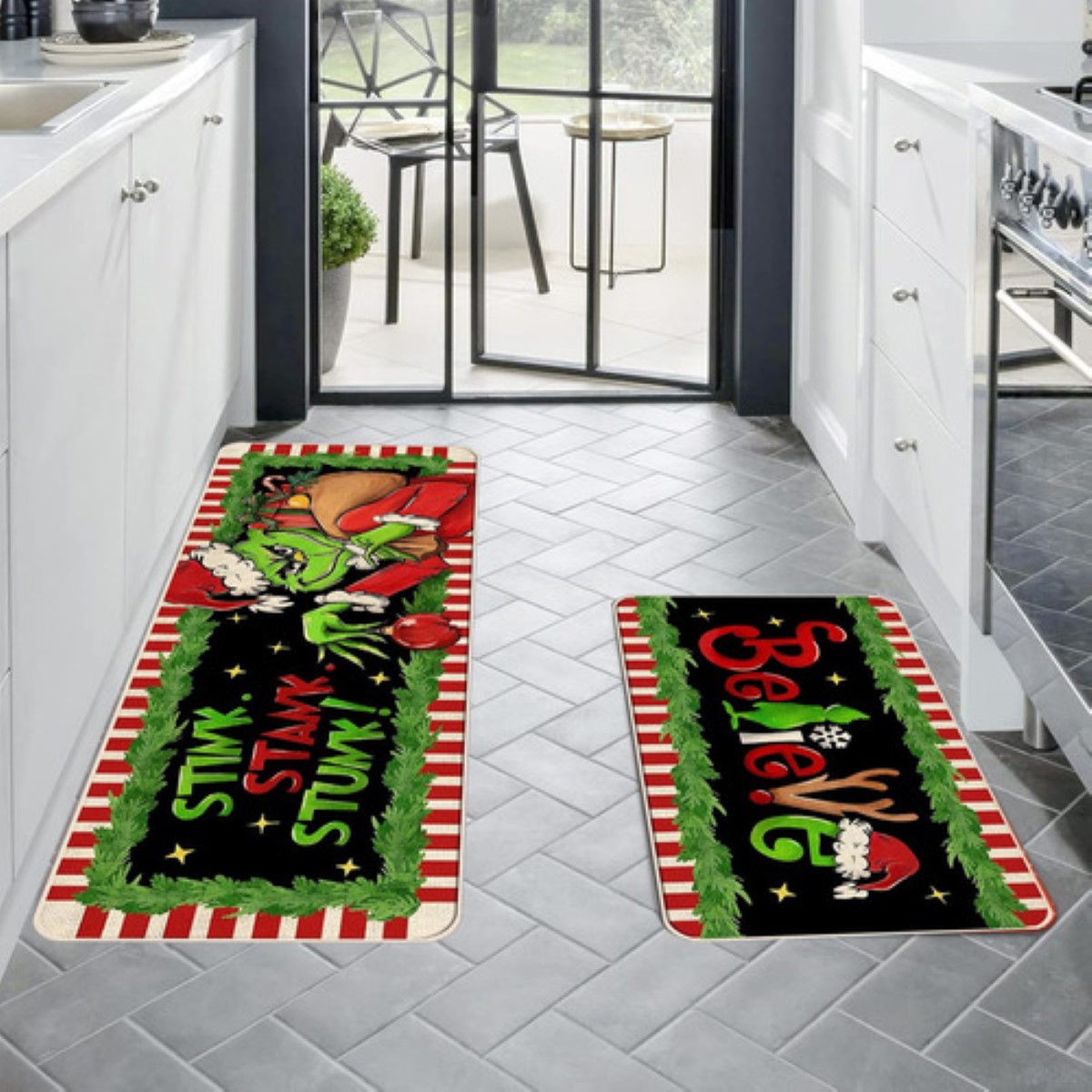 Juego 2 Alfombras Tapetes Cocina Entrada Navidad Decoracion negro grinch