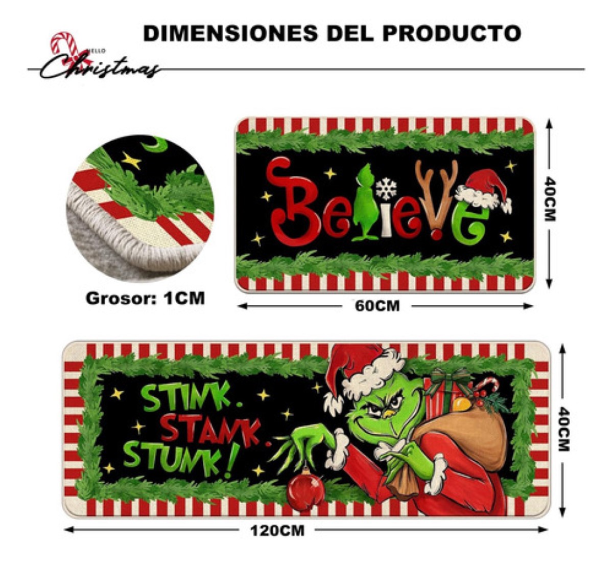 Juego 2 Alfombras Tapetes Cocina Entrada Navidad Decoracion negro grinch