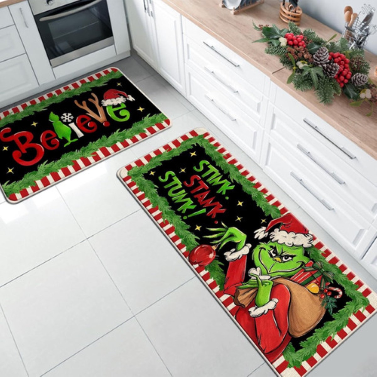Juego 2 Alfombras Tapetes Cocina Entrada Navidad Decoracion negro grinch