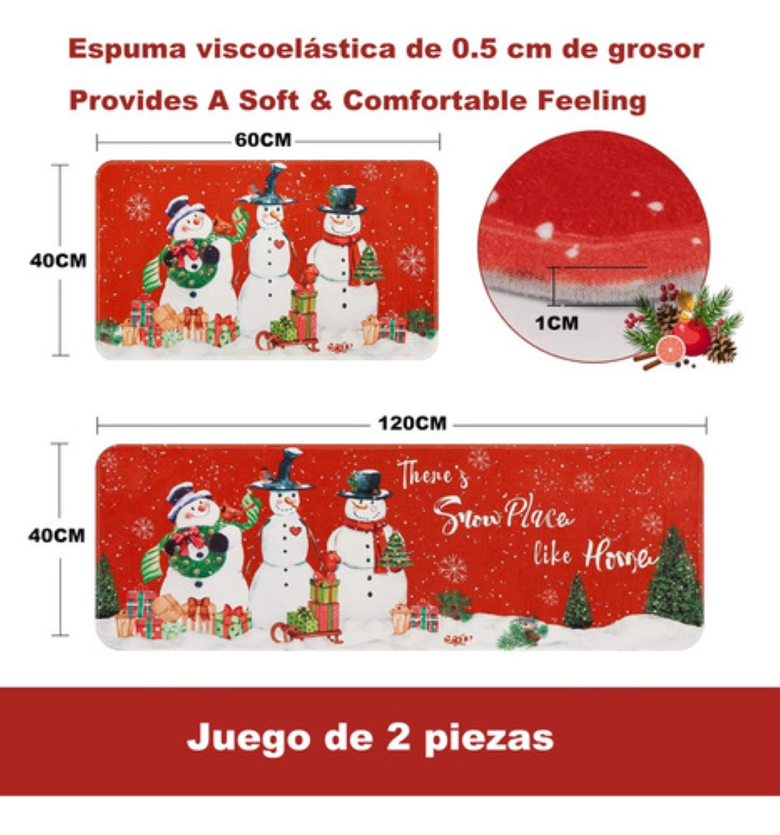 Juego 2 Alfombras Tapetes Cocina Entrada Navidad Rojo 3MUÑECOS DE NIEVE