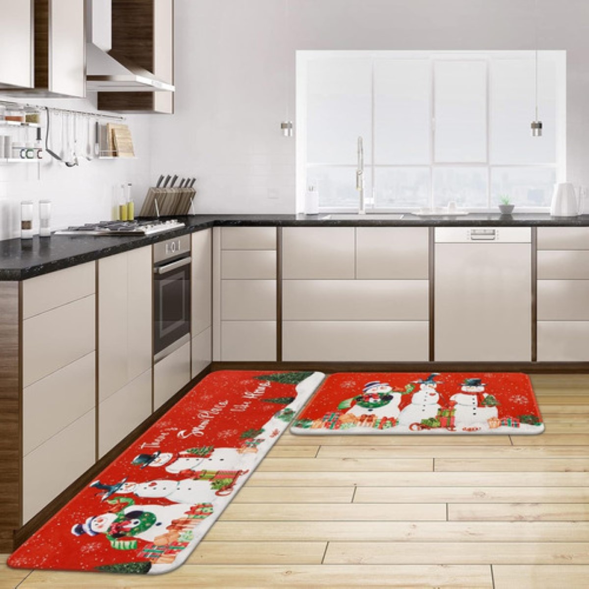 Juego 2 Alfombras Tapetes Cocina Entrada Navidad Rojo 3MUÑECOS DE NIEVE