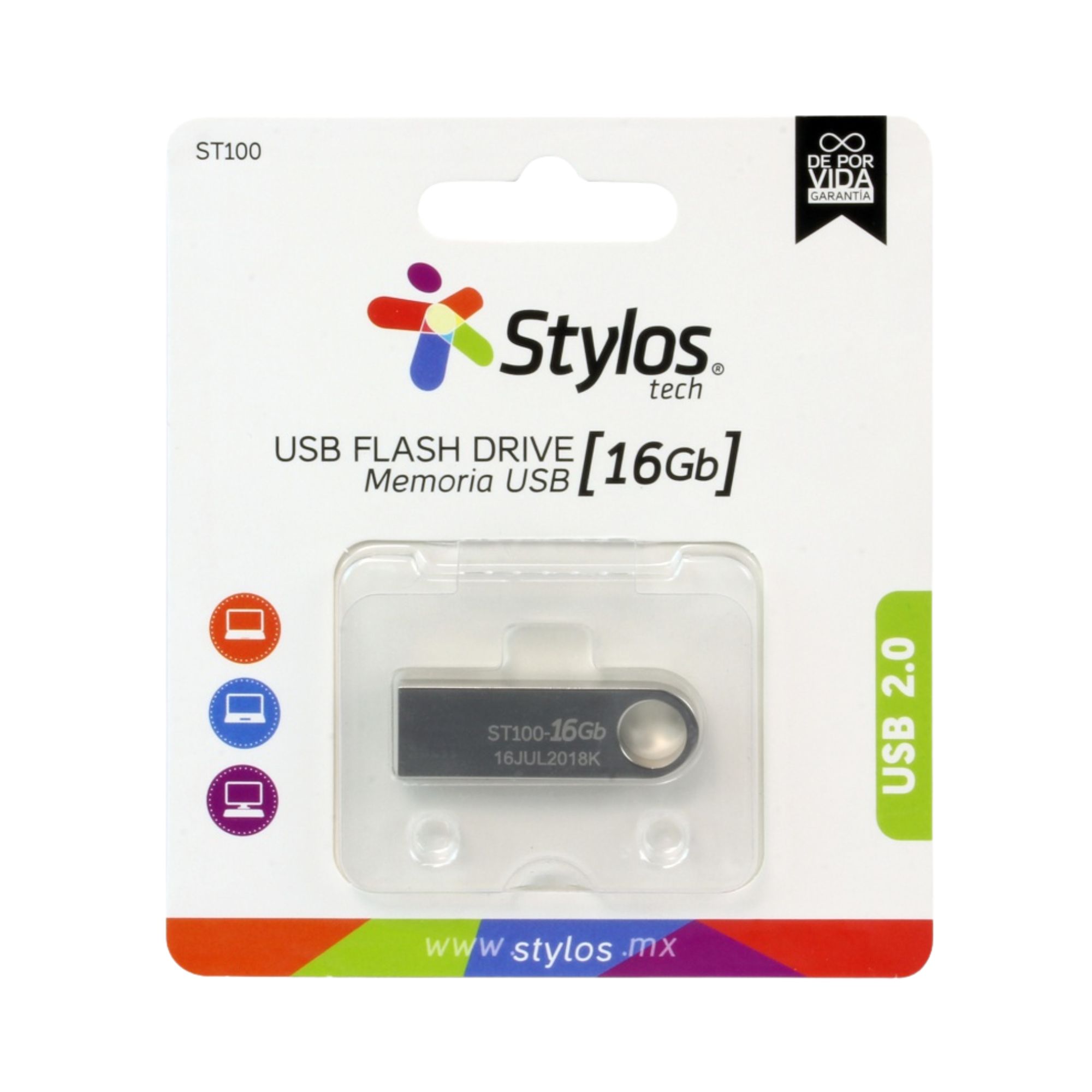 Memoria USB 2.0 de 16 GB Stylos ST100, Metálica