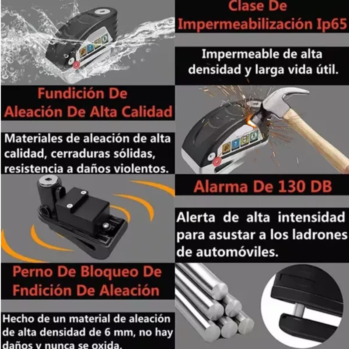 Alarma Moto Bloqueo Freno Disco Candado Recargable Ip65