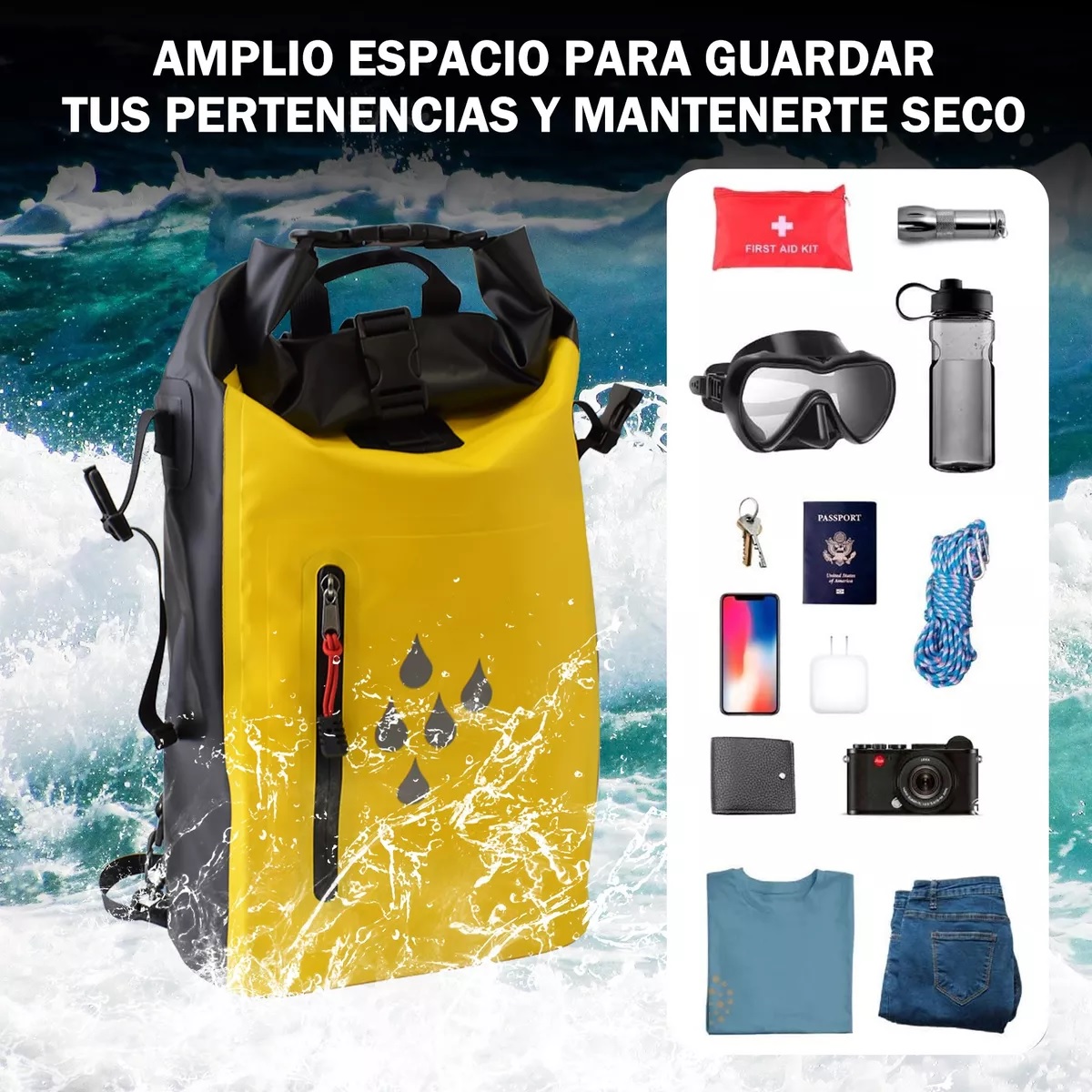 25l Mochila Impermeable Bolsa Seca Impermeable Kayak Camping Amarillo