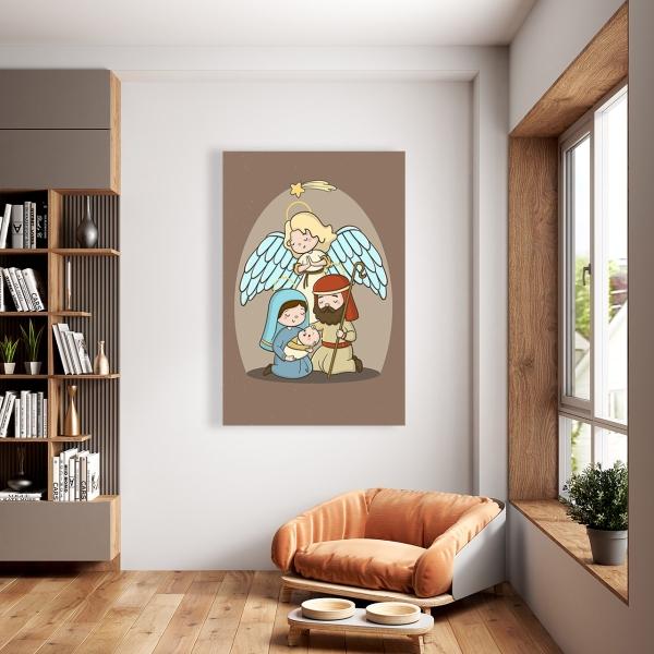 Cuadro Decorativo Canvas Religioso para niños Nacimiento Jesús María y José 60 X 40 cm