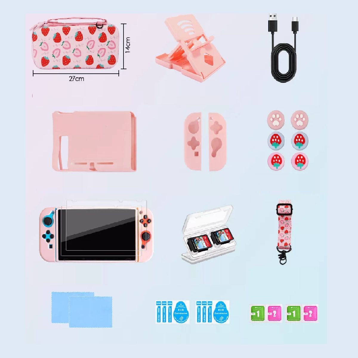 Kit De Accesorios Con Funda Rosa Para Nintendo Switch 22pcs