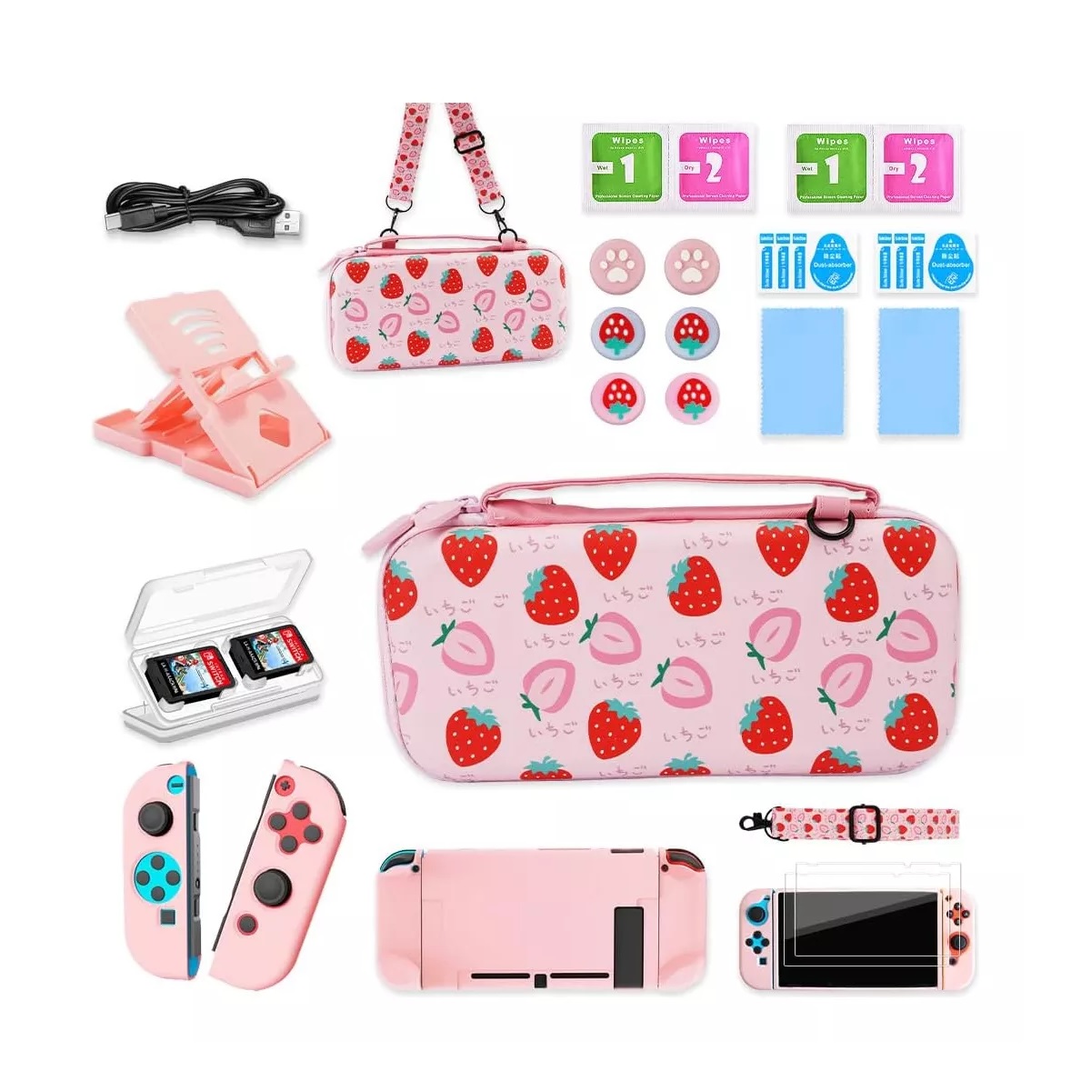Kit De Accesorios Con Funda Rosa Para Nintendo Switch 22pcs
