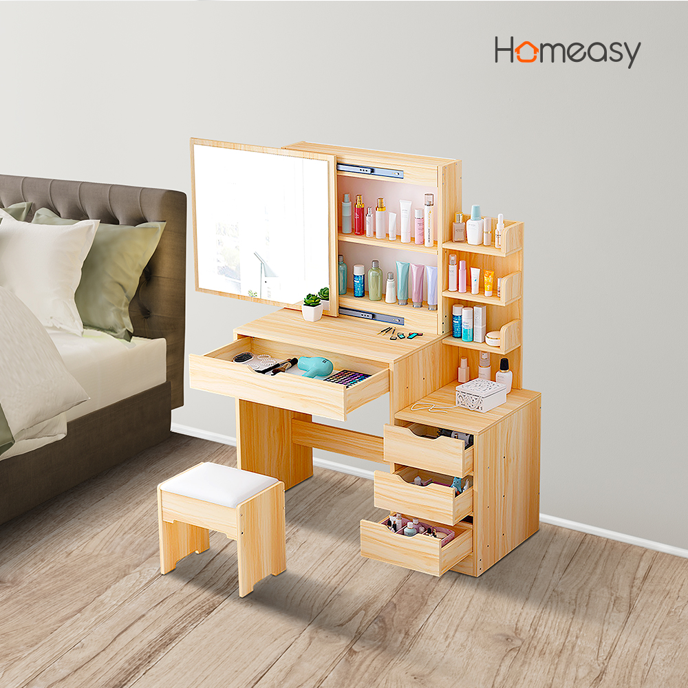 TOCADOR PARA DORMITORIO CON BANCO Y ESPEJO COLOR CAFÉ CLARO