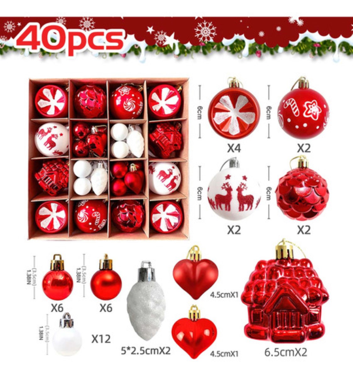 40 Pcs Esferas Navideñas Rojo Y Blanco Decorativa De Navidad ROJO Y BLANCO