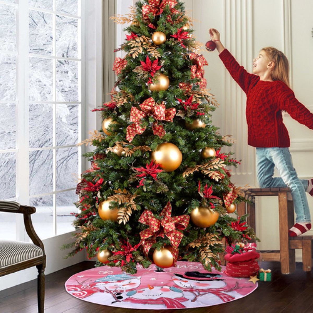 Falda Árbol De Navidad Decoración Muñeco De Nieve 122 cm, Rosa