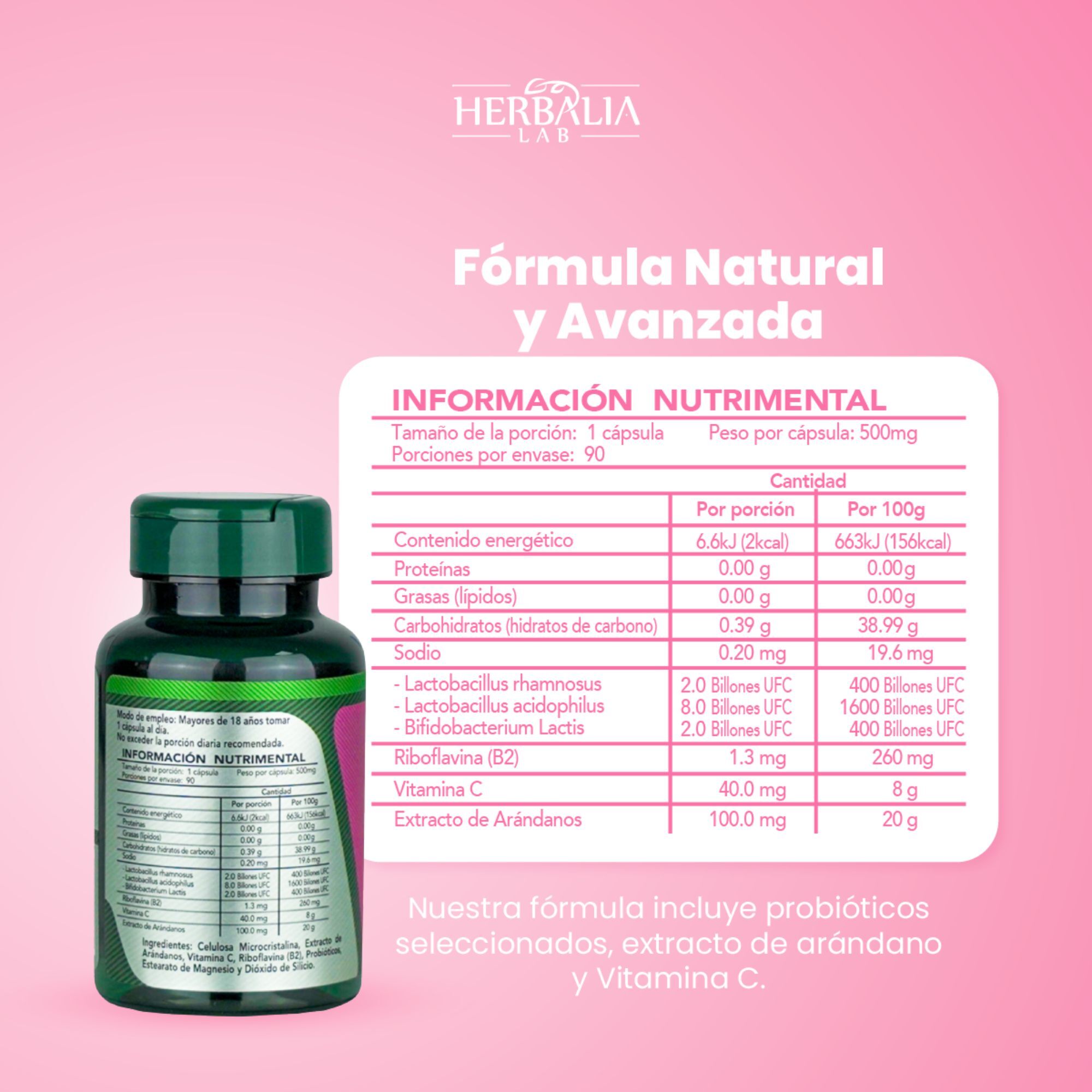 Herbalia Lab Probióticos para Mujer con Extracto de Arándano y Vitamina C | 12 Billones de UFC - 90 Cápsulas
