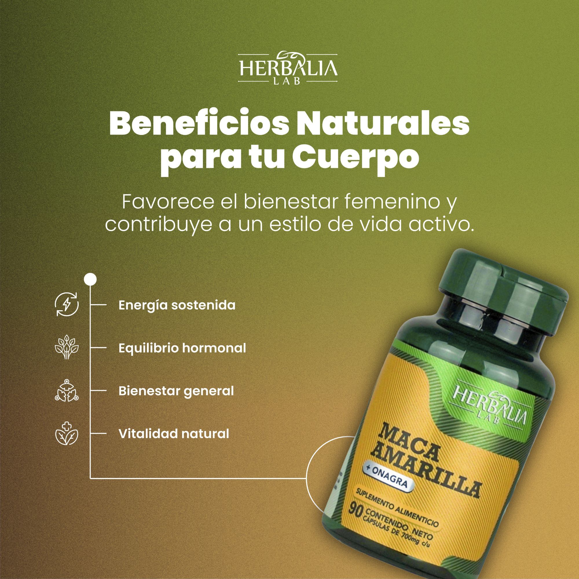 Herbalia Lab, Maca Amarilla con Onagra, Especialidad en Bienestar Femenino, 90 Cápsulas.