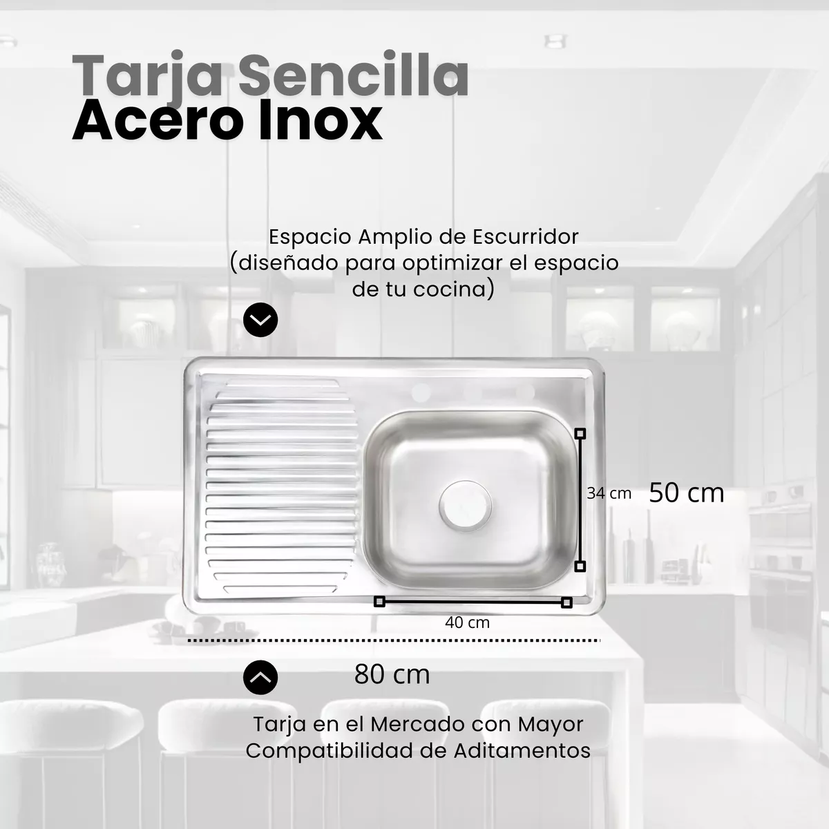 Tarja Sencilla Con Escurridero Izquierdo Empotrar 80 X 50 Cm, Acero Inoxidable