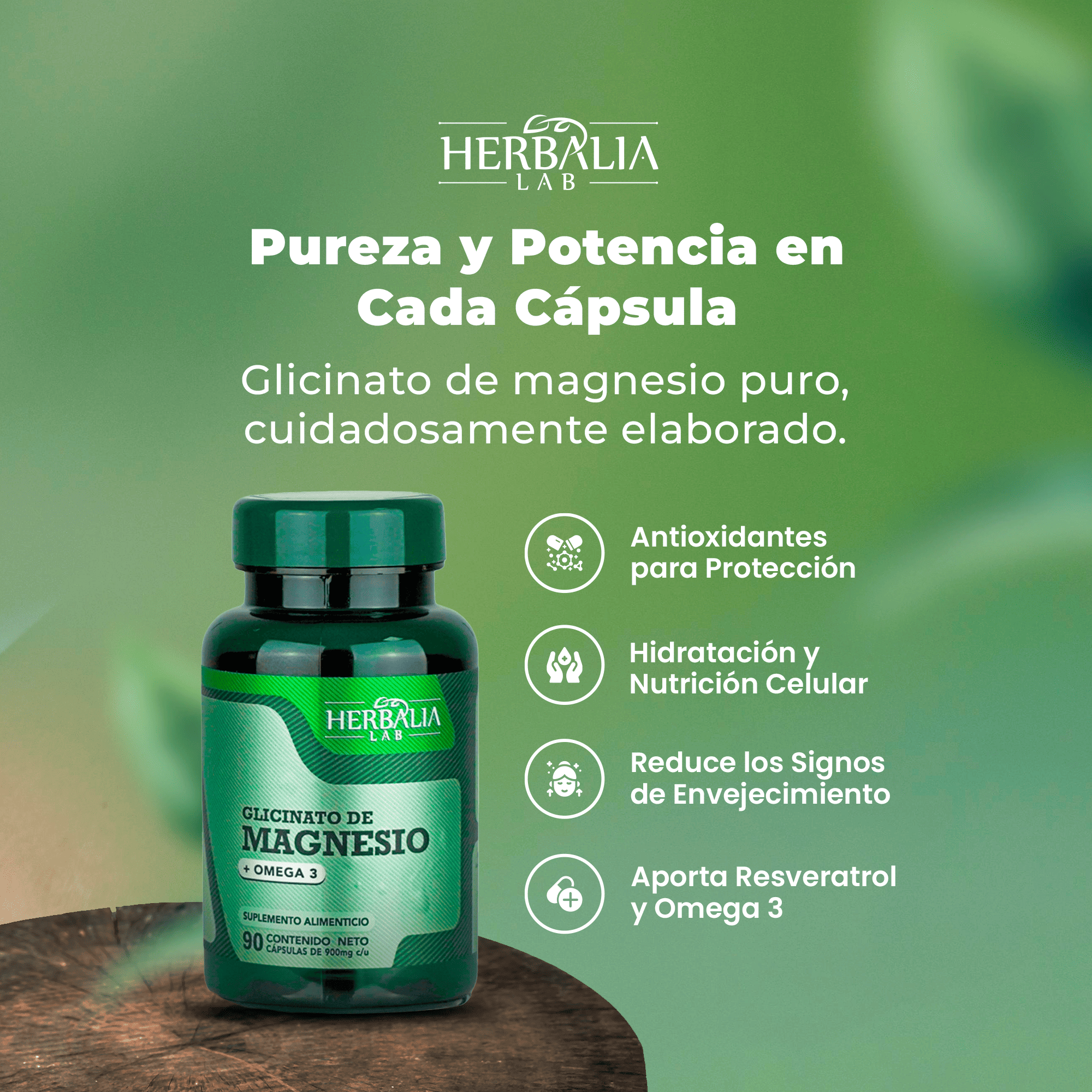 Herbalia Lab - Glicinato de Magnesio 400mg - Magnesio Glicinato + Omega 3 - Magnesium Glycinate - Fórmula Avanzada Alta Absorción - 90 Cápsulas