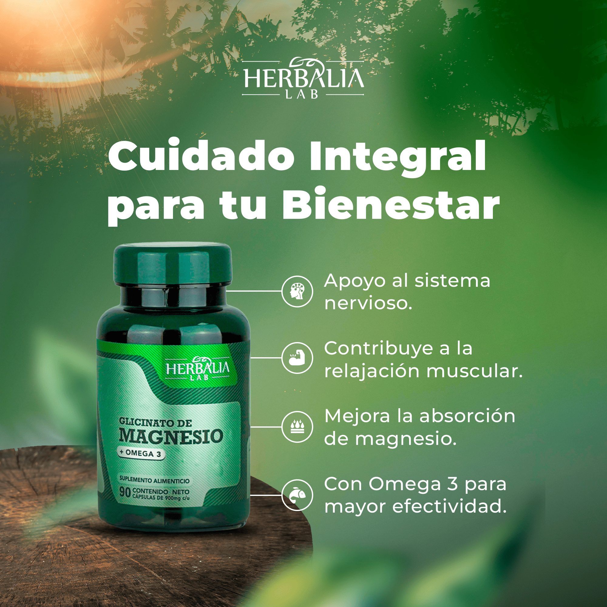 Herbalia Lab - Glicinato de Magnesio 400mg - Magnesio Glicinato + Omega 3 - Magnesium Glycinate - Fórmula Avanzada Alta Absorción - 90 Cápsulas