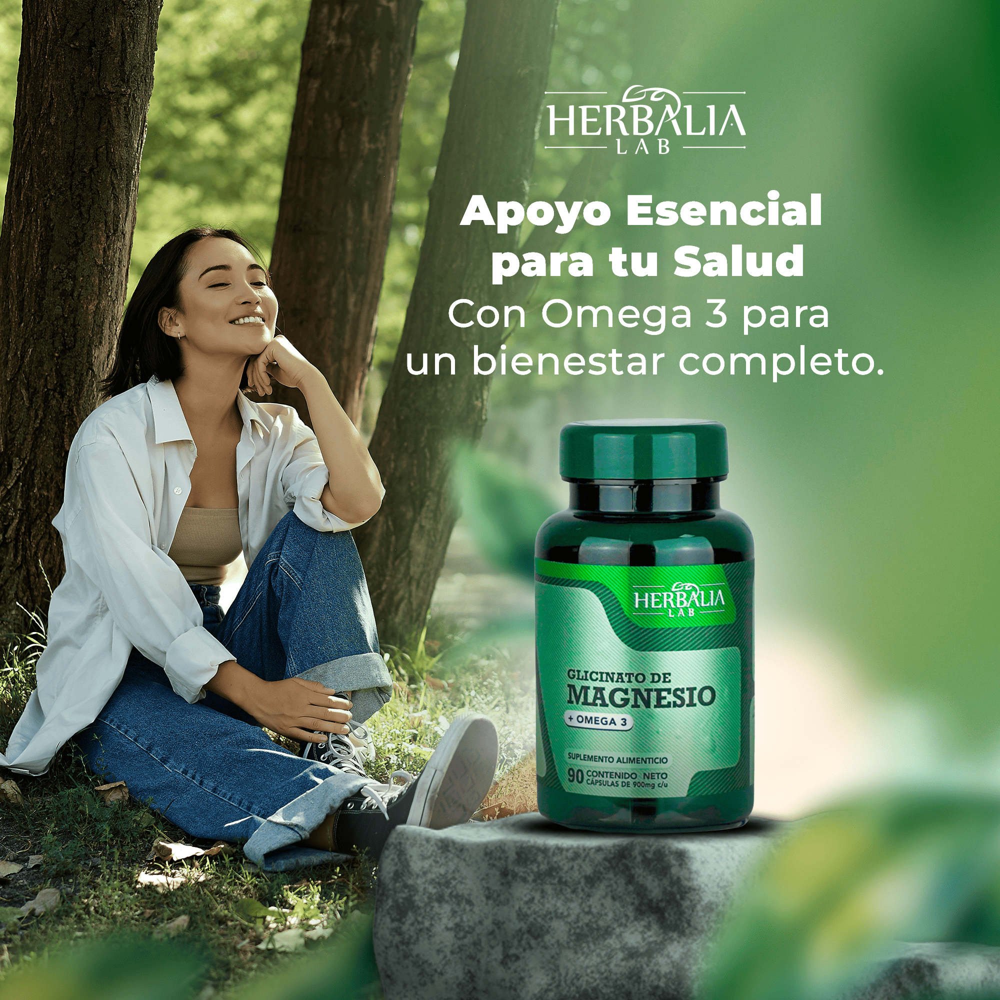 Herbalia Lab - Glicinato de Magnesio 400mg - Magnesio Glicinato + Omega 3 - Magnesium Glycinate - Fórmula Avanzada Alta Absorción - 90 Cápsulas