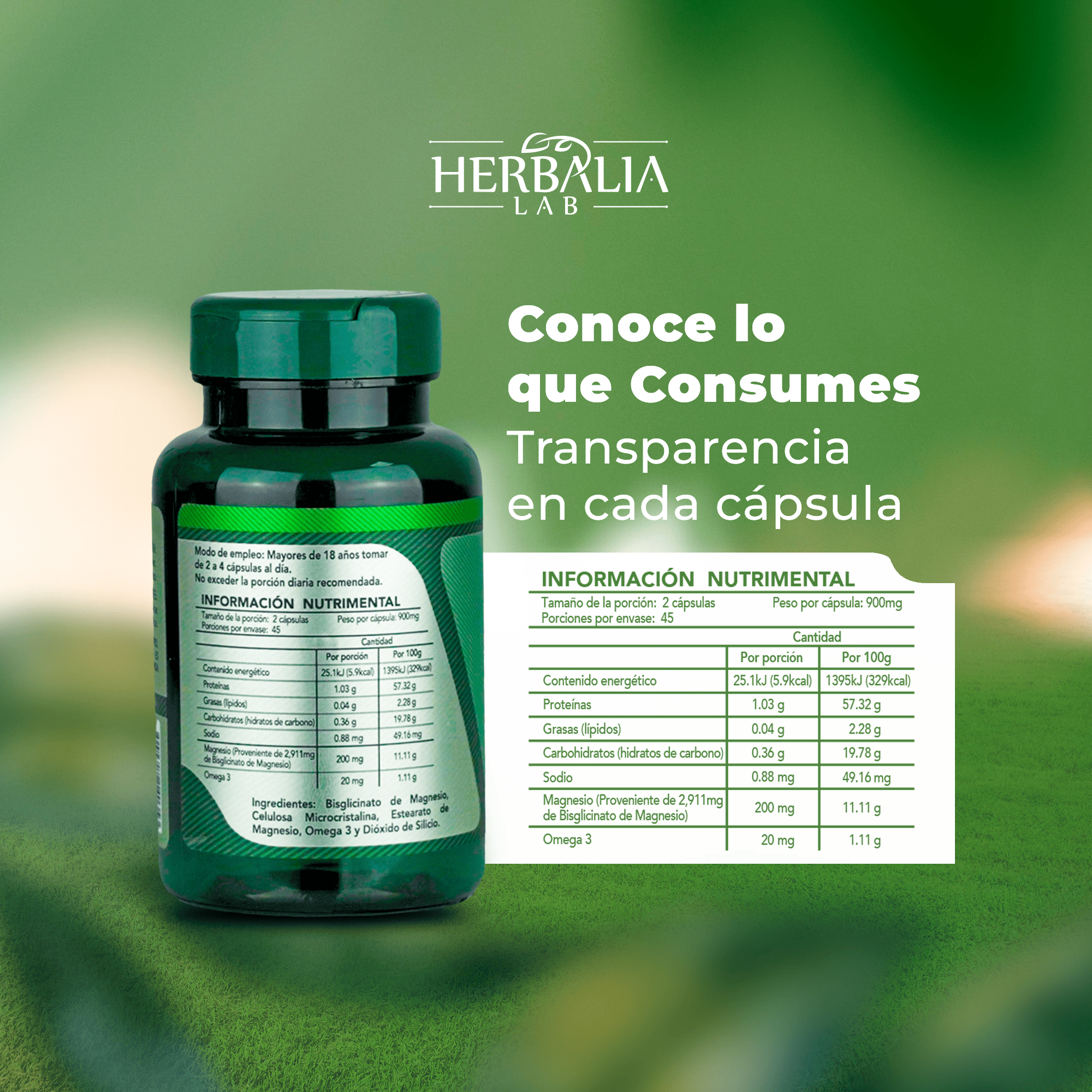 Herbalia Lab - Glicinato de Magnesio 400mg - Magnesio Glicinato + Omega 3 - Magnesium Glycinate - Fórmula Avanzada Alta Absorción - 90 Cápsulas